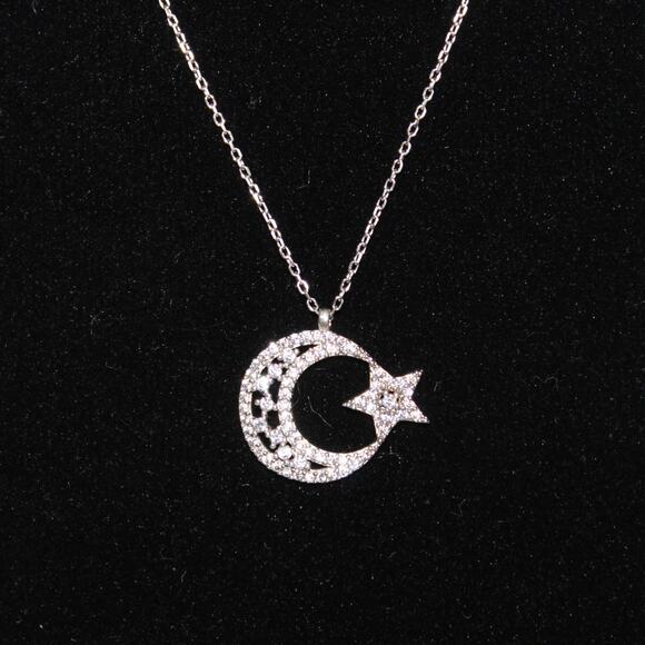 Brilliant Crystal 925 Sterling Silver Moon & Star Necklace Turkish Flag - Picture 2 of 11